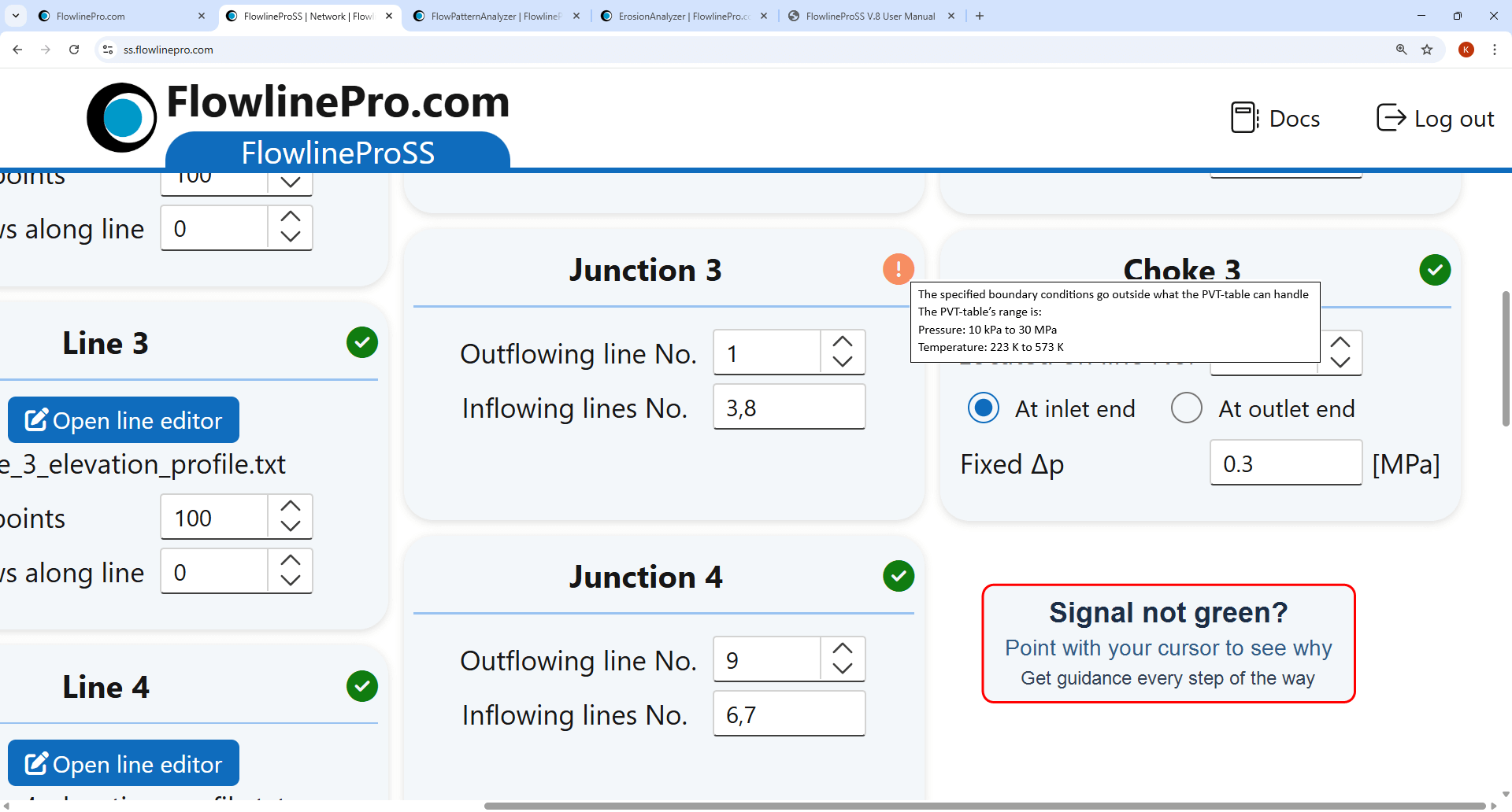 Built-in guidance tooltips in FlowlineProSS – hover to see why a signal is not green